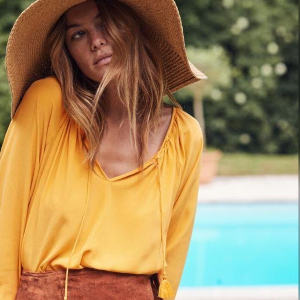 Sézane Alena Silk Peasant Blouse Sunset Saffron Yellow - Picture 2 of 9